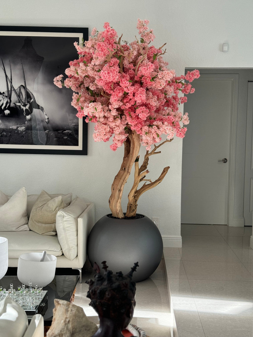 Matte Gun Metal Globe with Custom Made Two Tone Made Cherry Blossom Tree