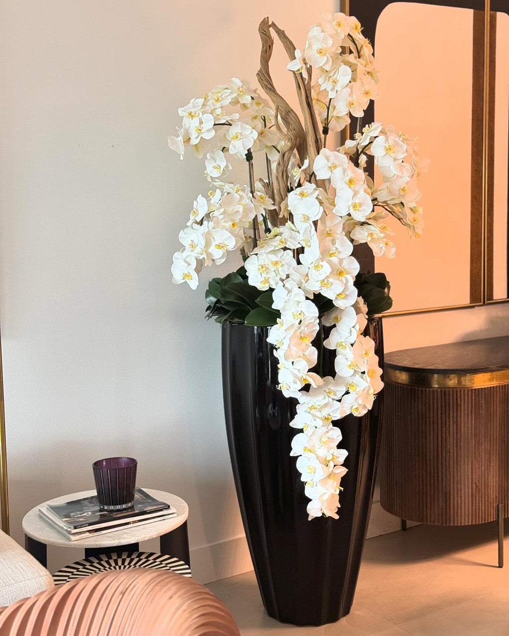 San Jose Planter in Glossy Black with Cascading White Orchids