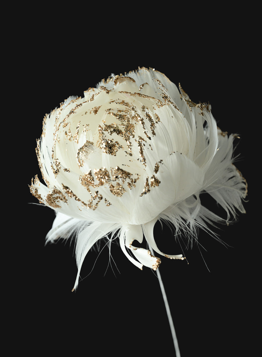 18in Long Glittered Gold Feather Opening Peony, Case of 6
