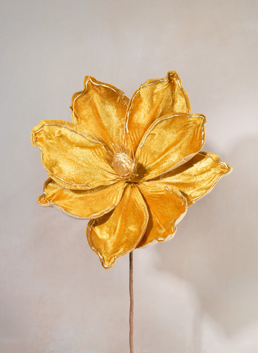 12in Long Flocked Gold Magnolia Pick