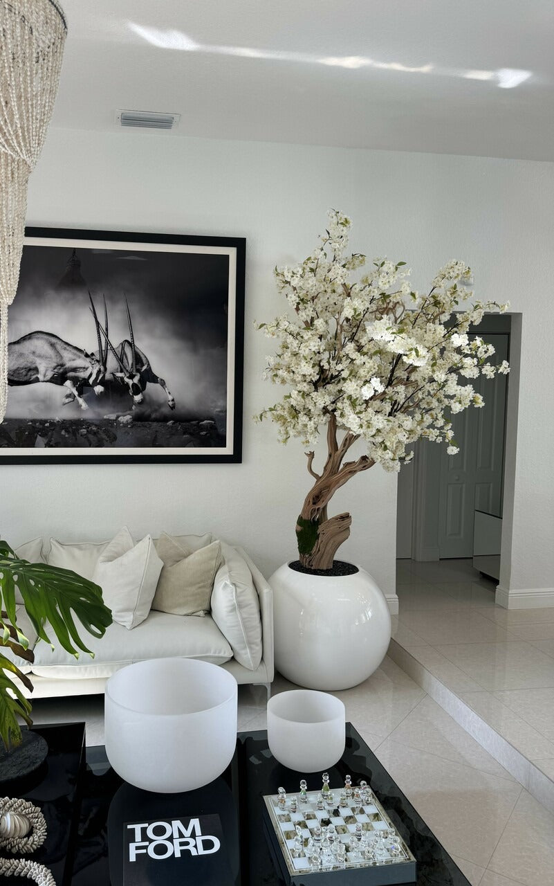 Glossy White Globe with Custom Made Cherry Blossom Tree