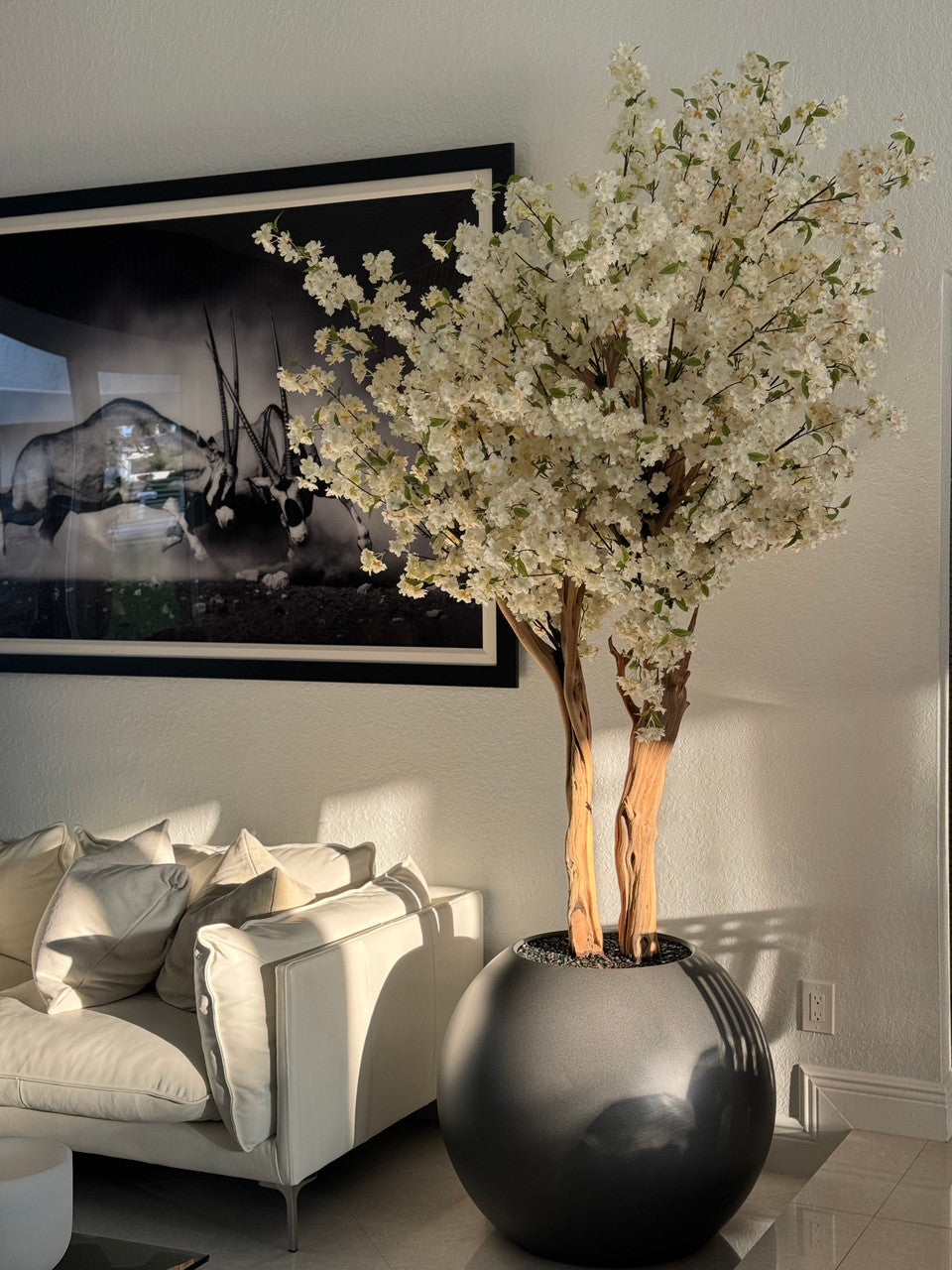 Matte Gun Metal Globe with Custom Made Cherry Blossom Tree