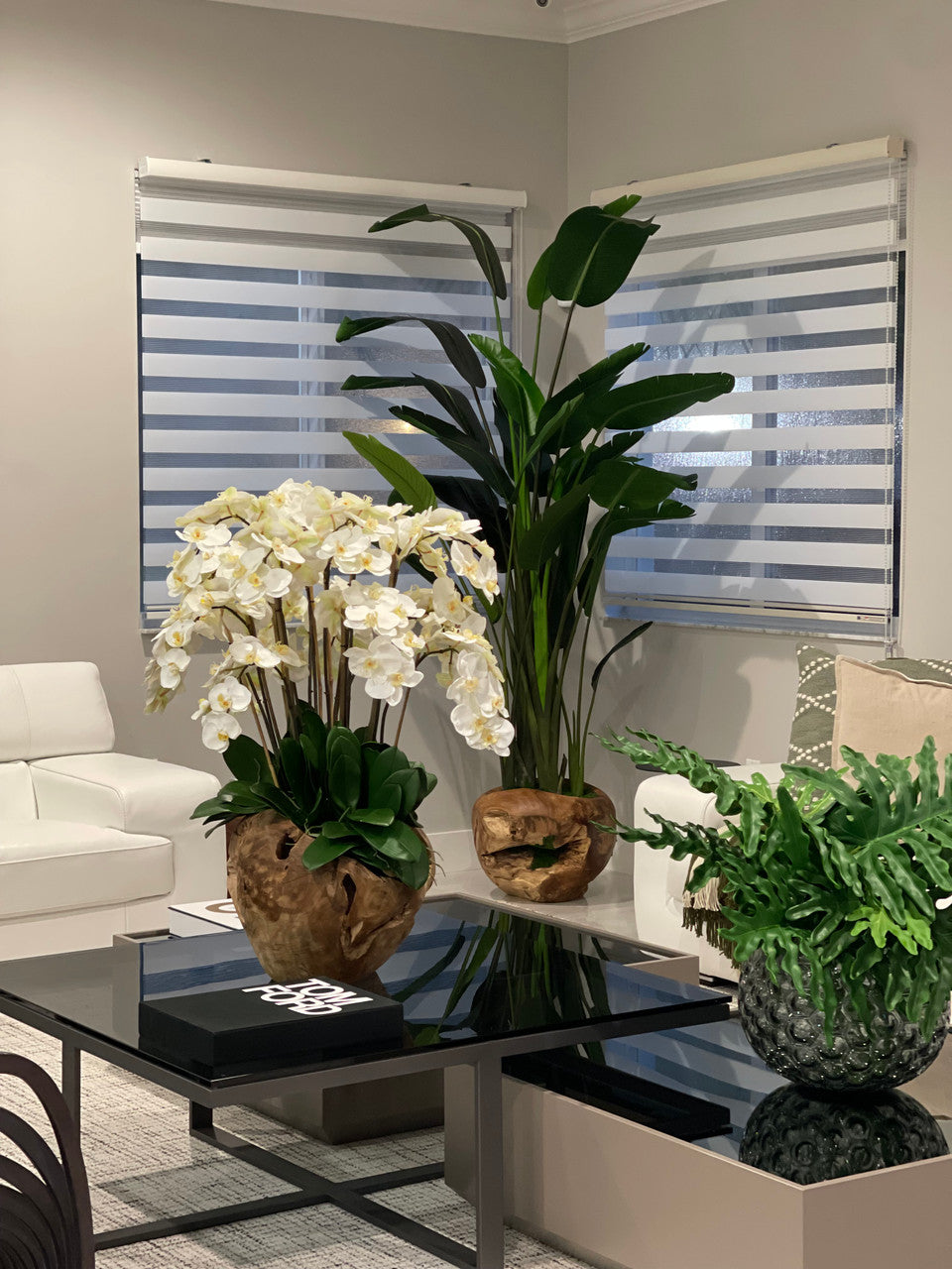 Extra Large Rustic Teak Bowl with Cascading White Orchids