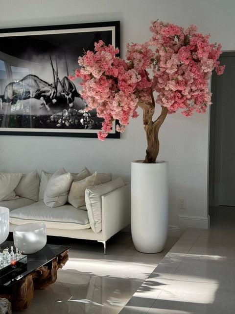 Matte White St. Tropez Planter with Custom Made Pink Cherry Blossom Tree