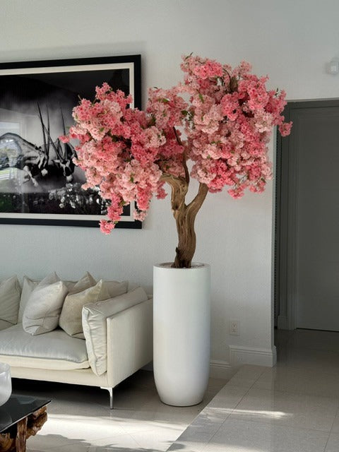 Matte White St. Tropez Planter with Custom Made Pink Cherry Blossom Tree