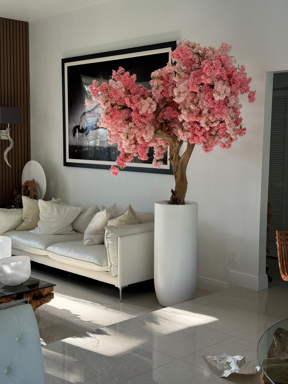 Matte White St. Tropez Planter with Custom Made Pink Cherry Blossom Tree