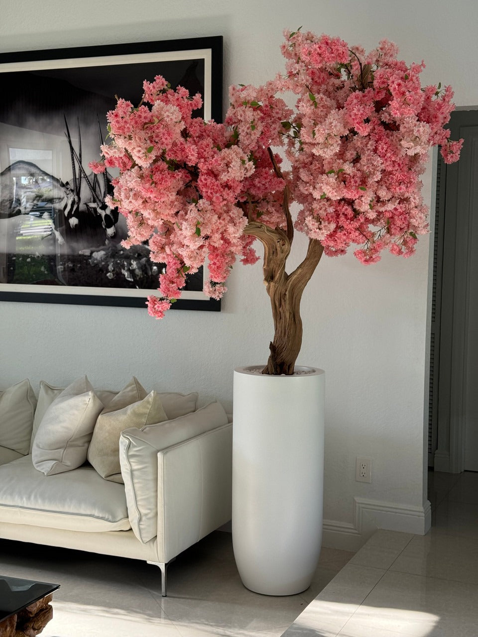 Matte White St. Tropez Planter with Custom Made Pink Cherry Blossom Tree