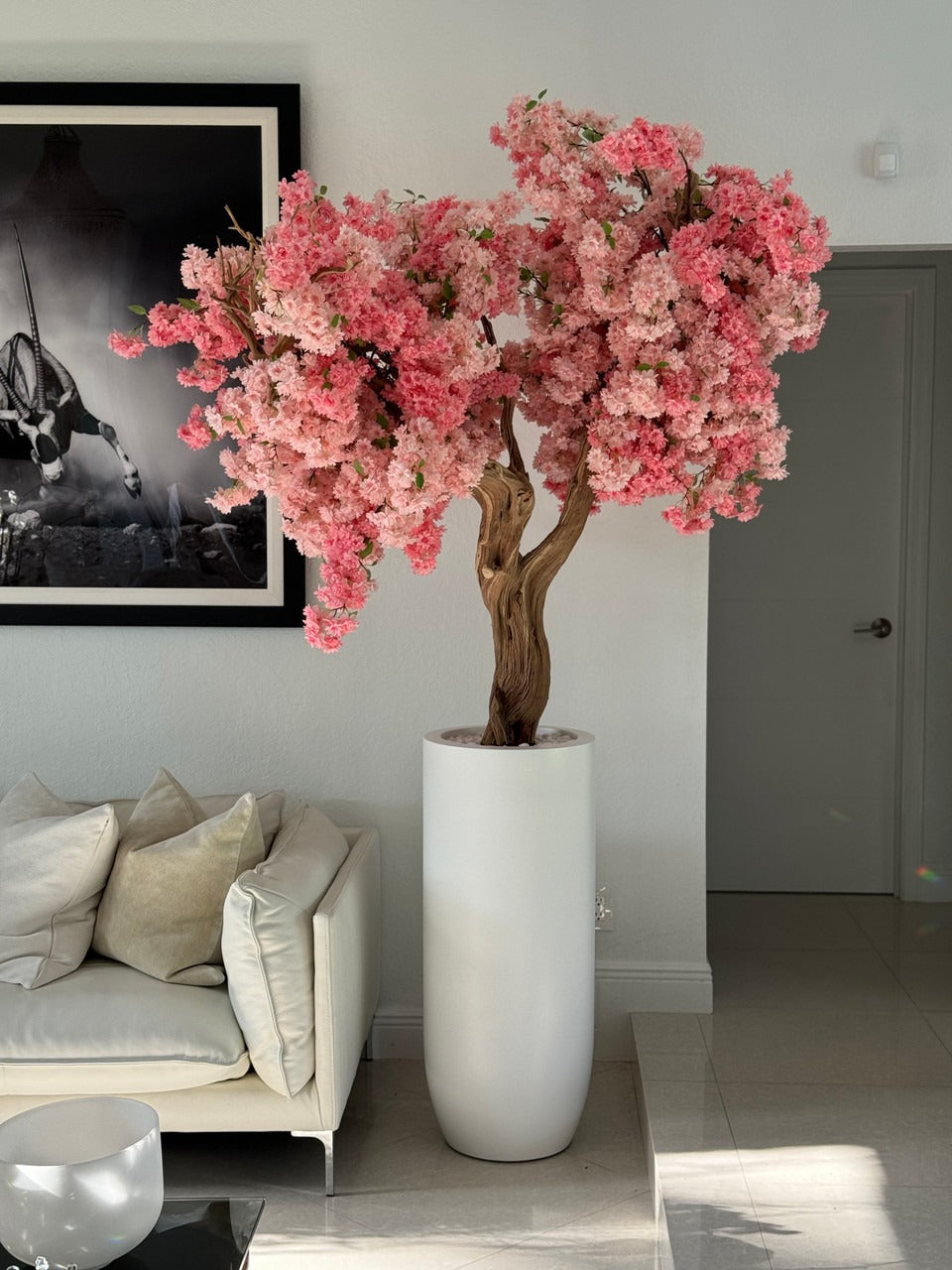 Matte White St. Tropez Planter with Custom Made Pink Cherry Blossom Tree