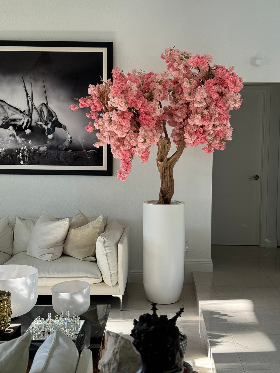 Matte White St. Tropez Planter with Custom Made Pink Cherry Blossom Tree