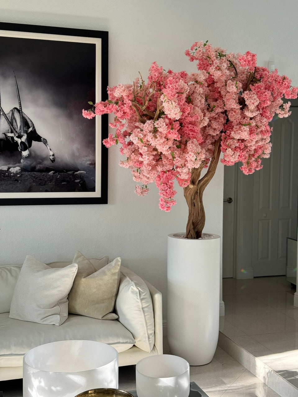Matte White St. Tropez Planter with Custom Made Pink Cherry Blossom Tree