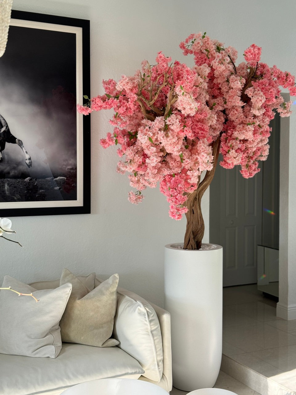 Matte White St. Tropez Planter with Custom Made Pink Cherry Blossom Tree
