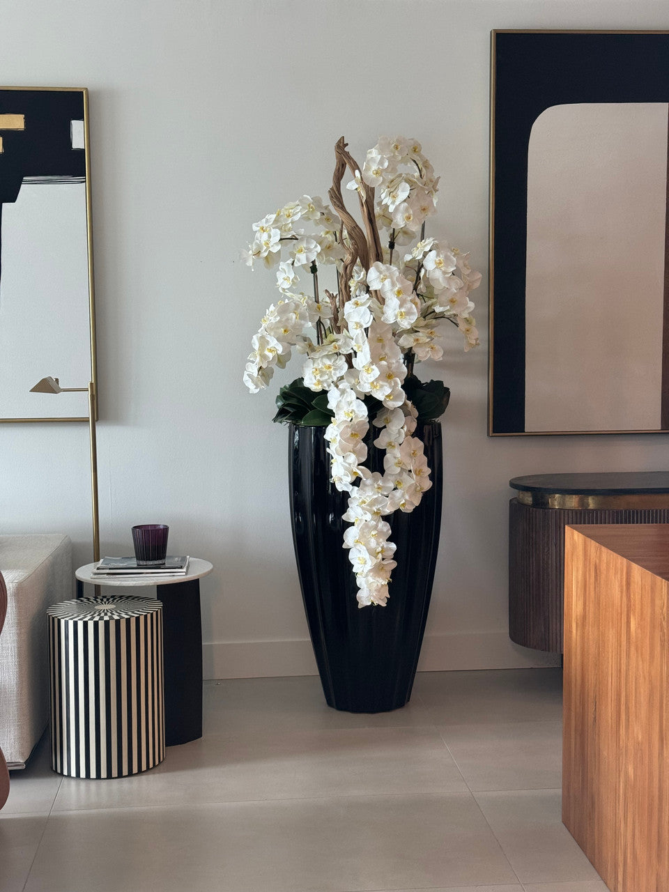 San Jose Planter in Glossy Black with Cascading White Orchids