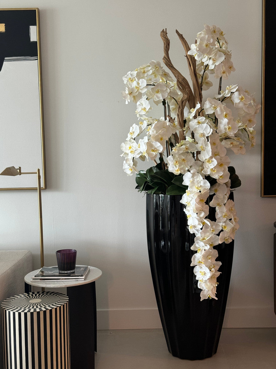 San Jose Planter in Glossy Black with Cascading White Orchids