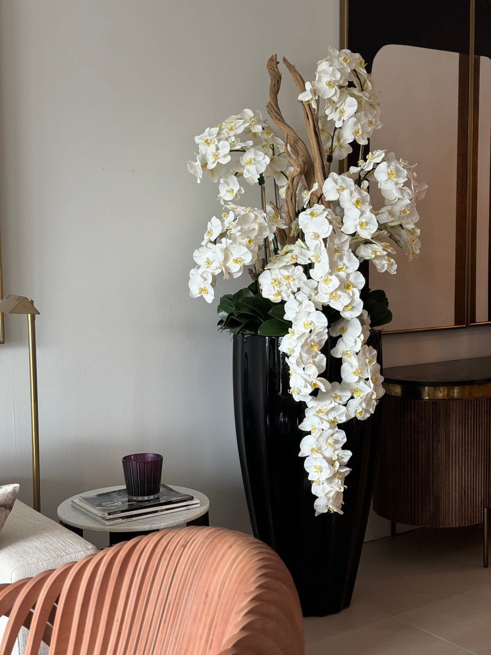San Jose Planter in Glossy Black with Cascading White Orchids