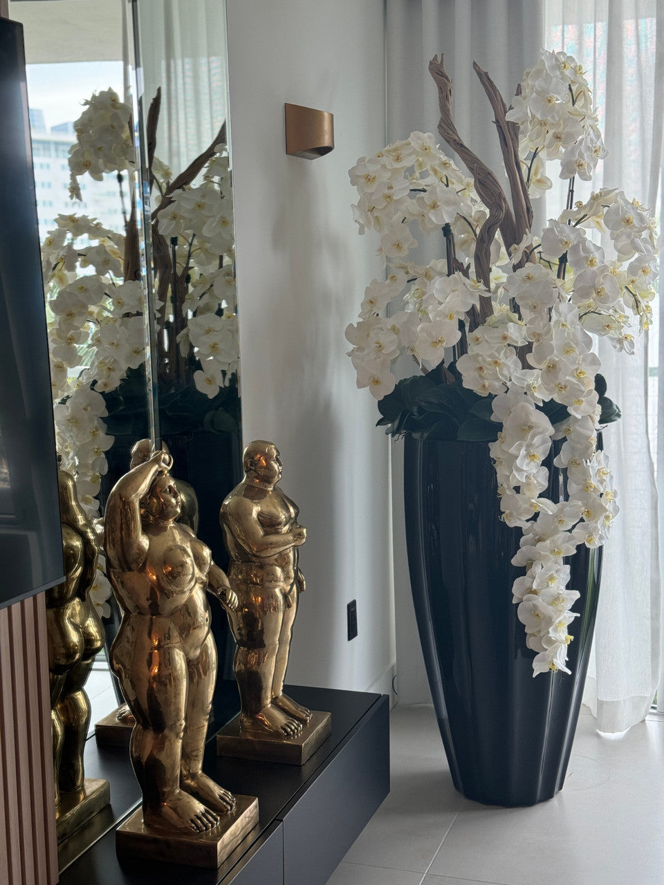 San Jose Planter in Glossy Black with Cascading White Orchids