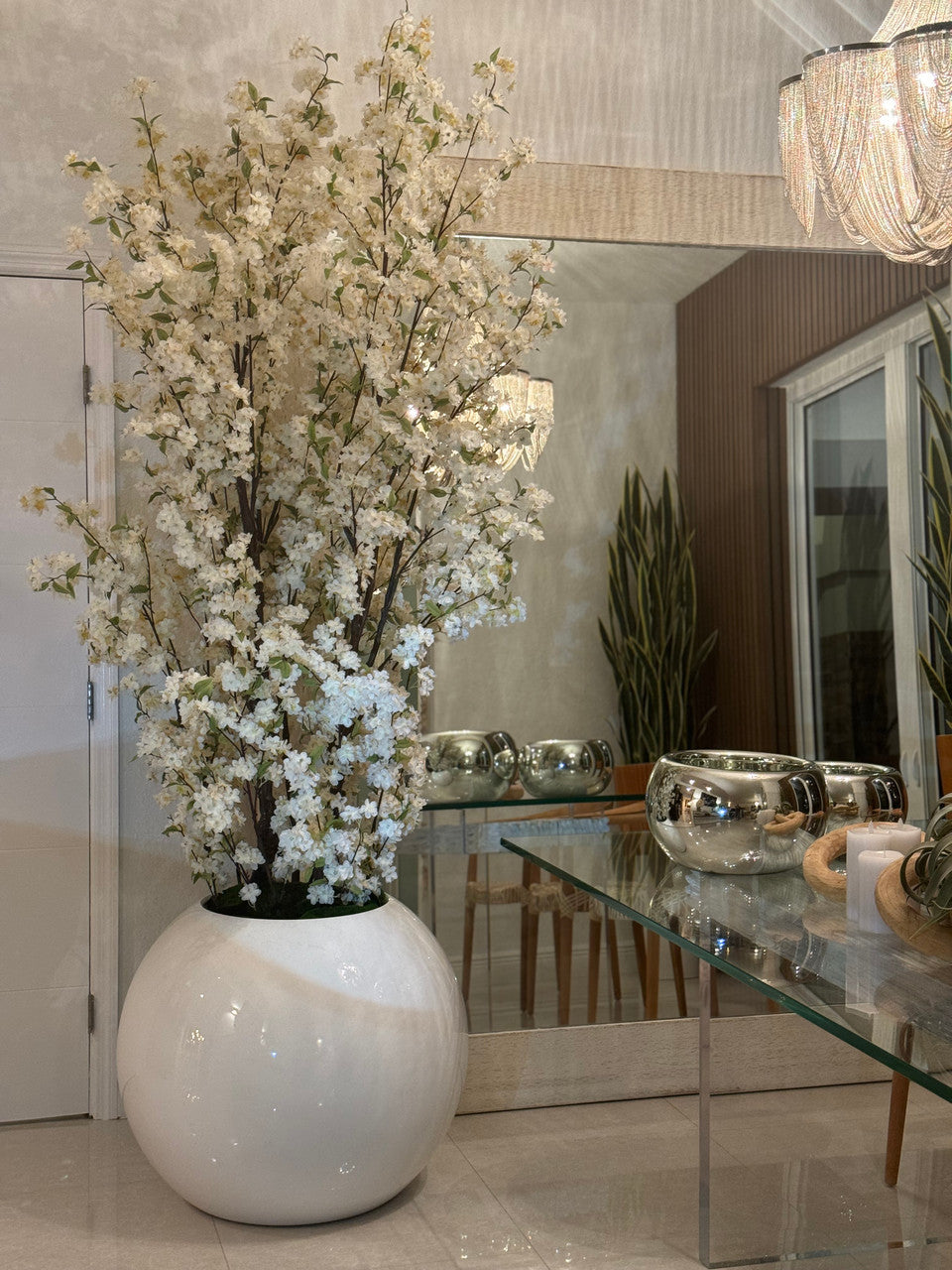 30″ Glossy White Globe Planter with White Cherry Blossom Branches
