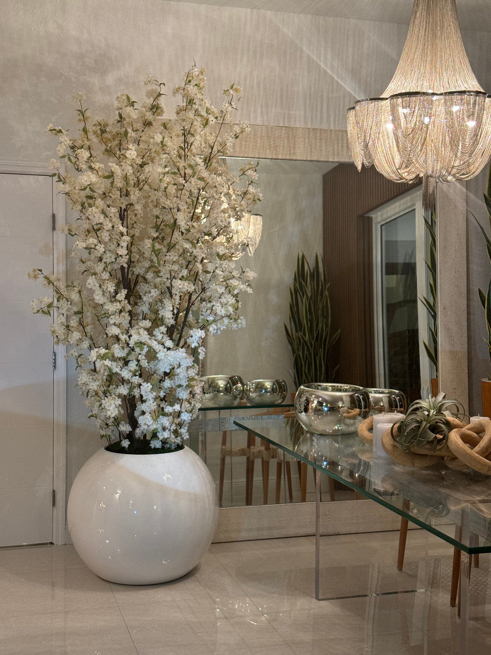 30″ Glossy White Globe Planter with White Cherry Blossom Branches