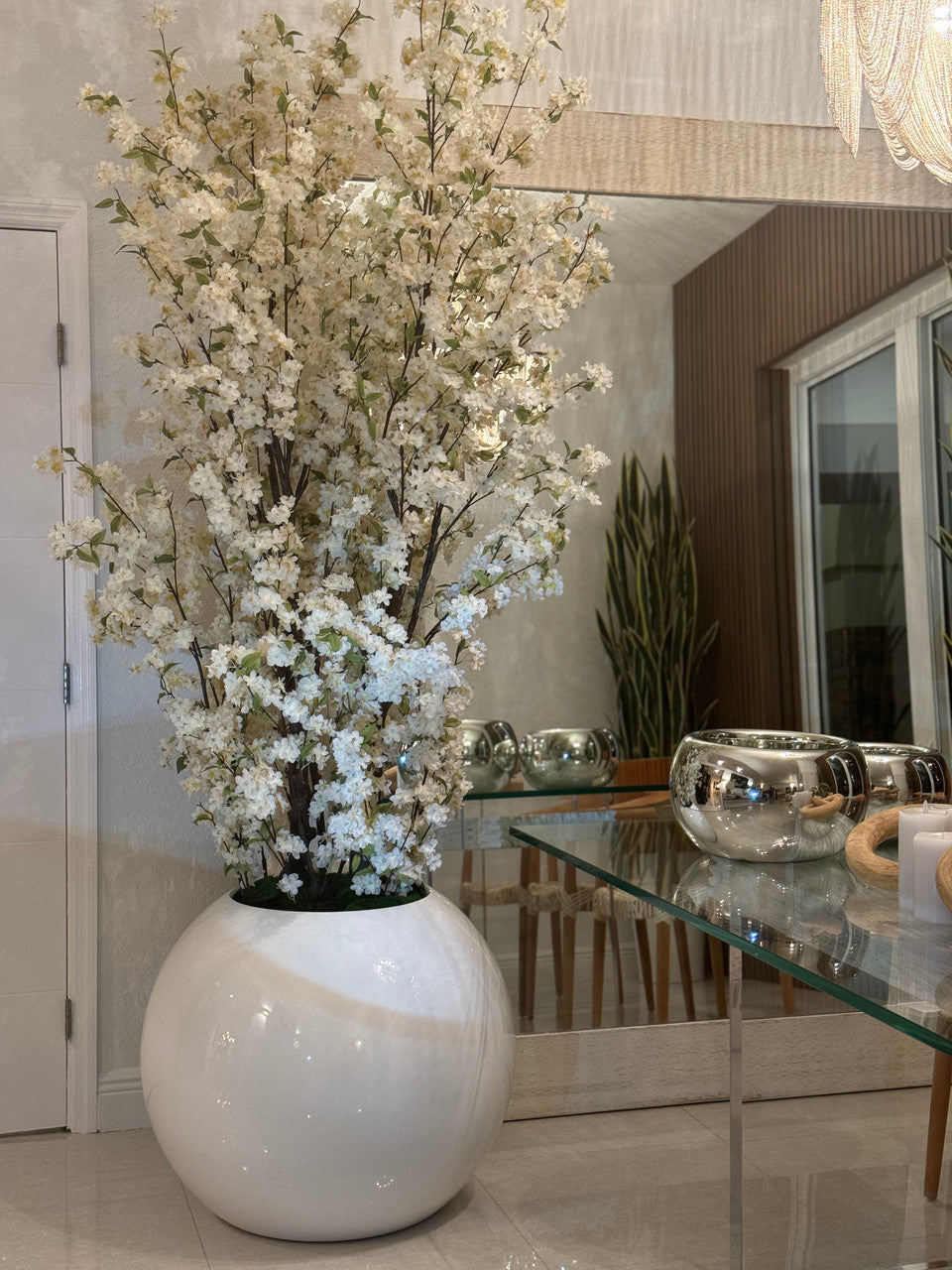 30″ Glossy White Globe Planter with White Cherry Blossom Branches