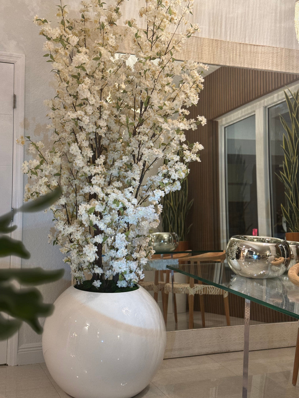 30″ Glossy White Globe Planter with White Cherry Blossom Branches