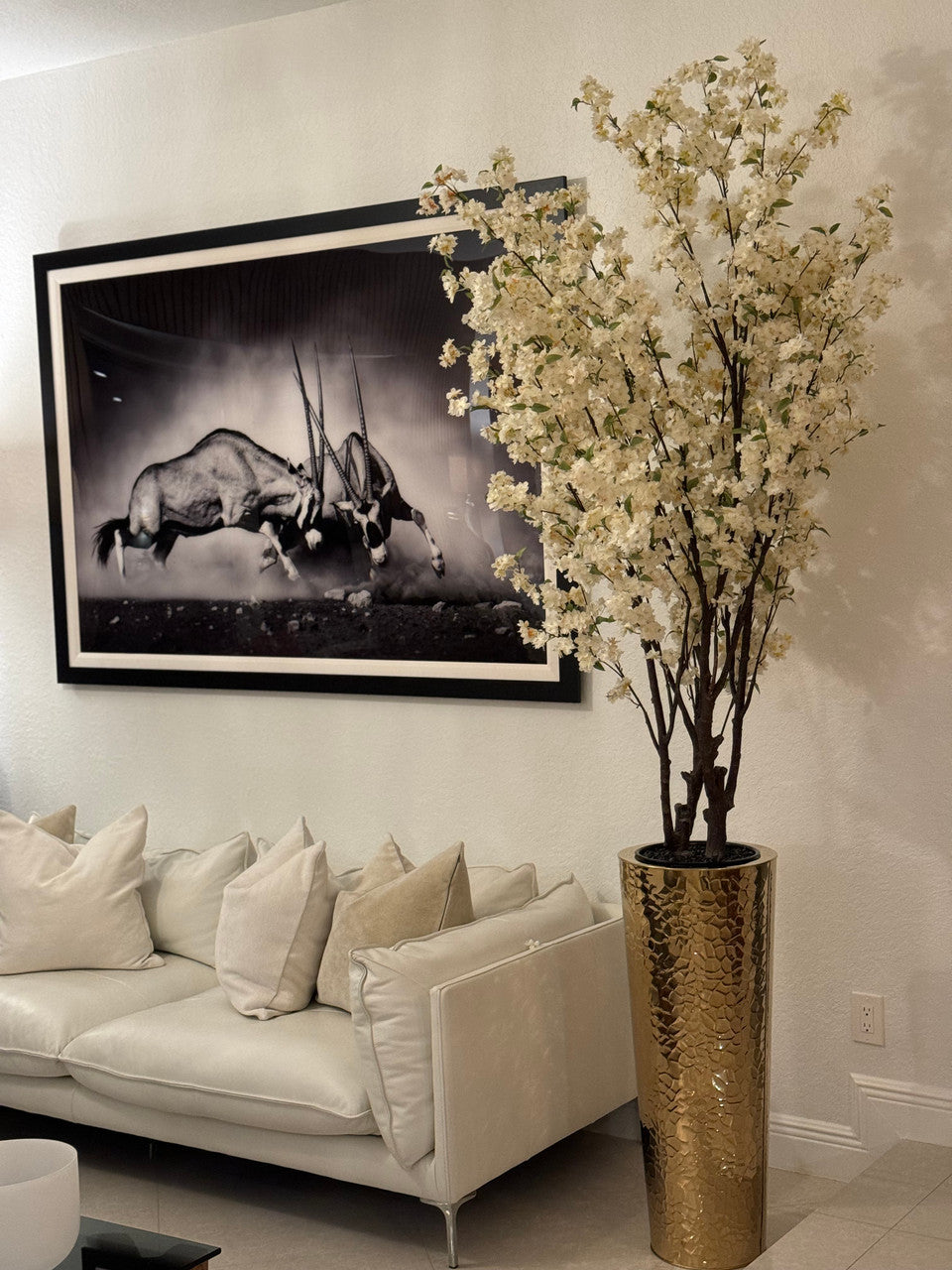 Cherry Blossom Tree in Large Gold Hammered Planter