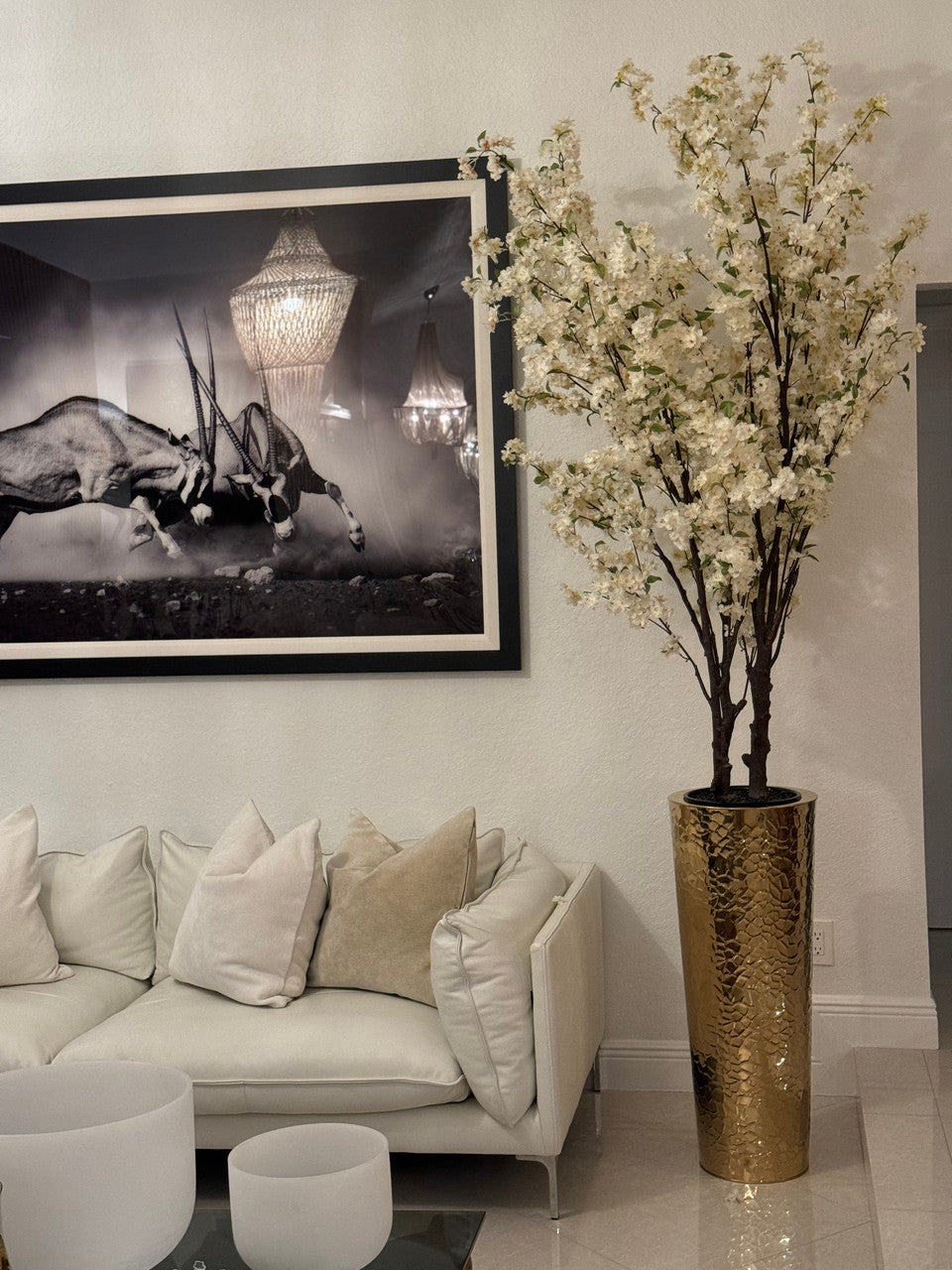 Cherry Blossom Tree in Large Gold Hammered Planter