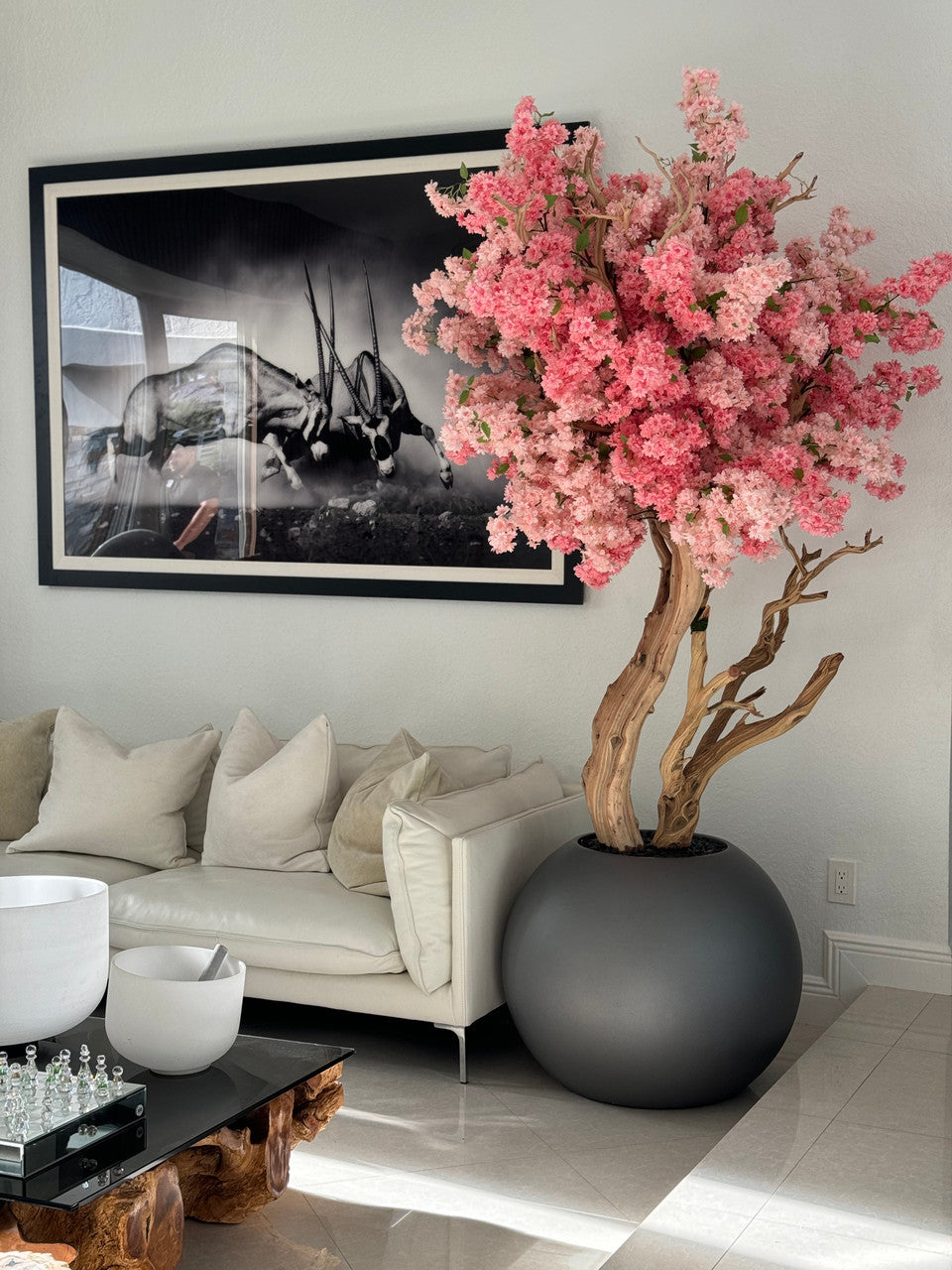 Matte Gun Metal Globe with Custom Made Two Tone Made Cherry Blossom Tree