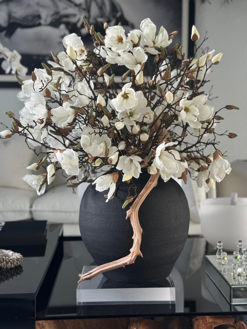Black Konos Vase with White Magnolias