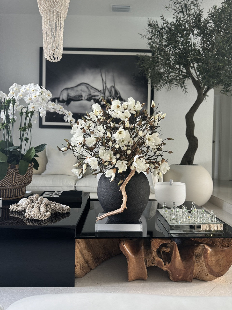 Black Konos Vase with White Magnolias