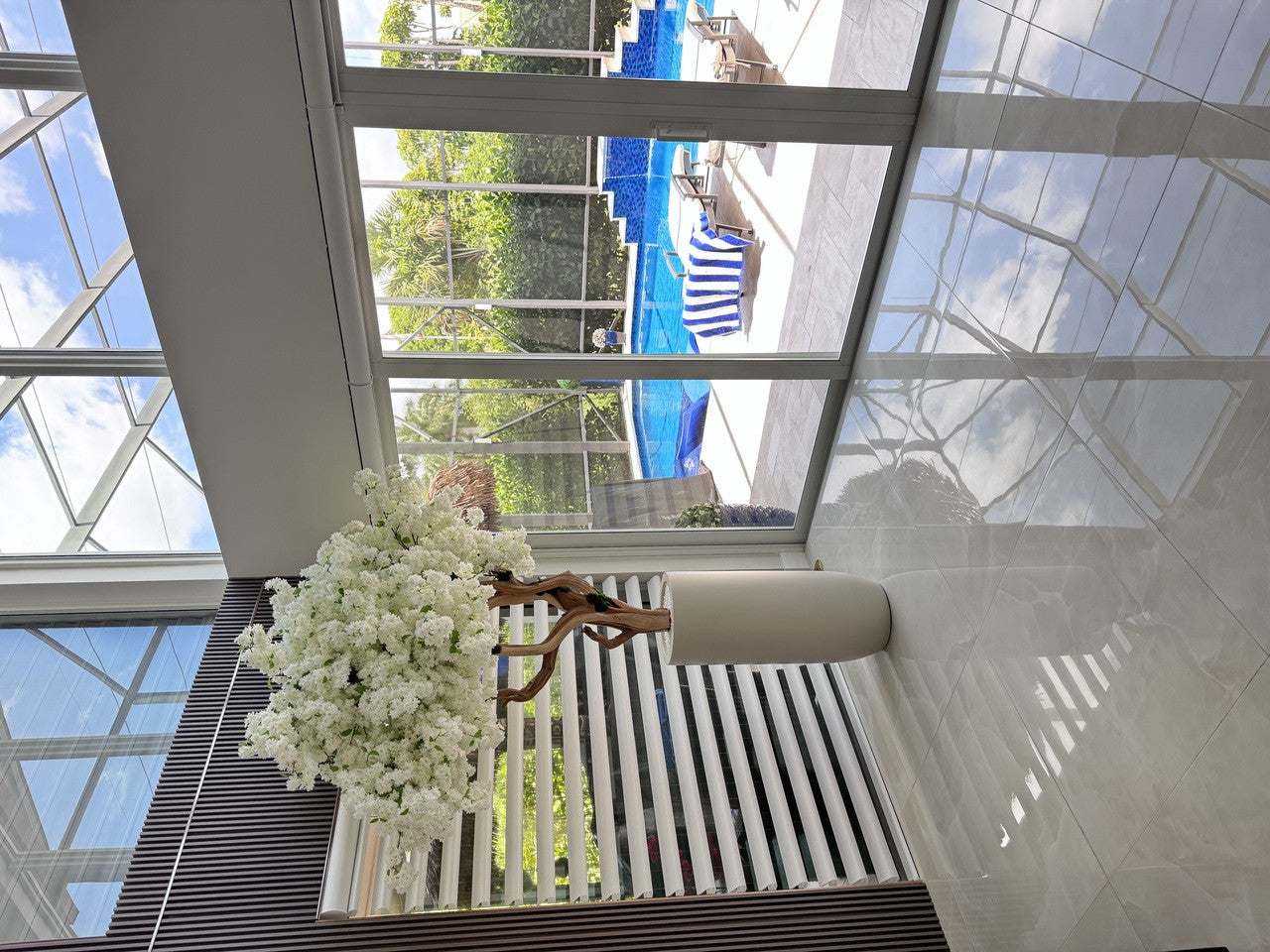 Matte Beige St. Tropez Planter with Custom Made White Cherry Blossom Tree