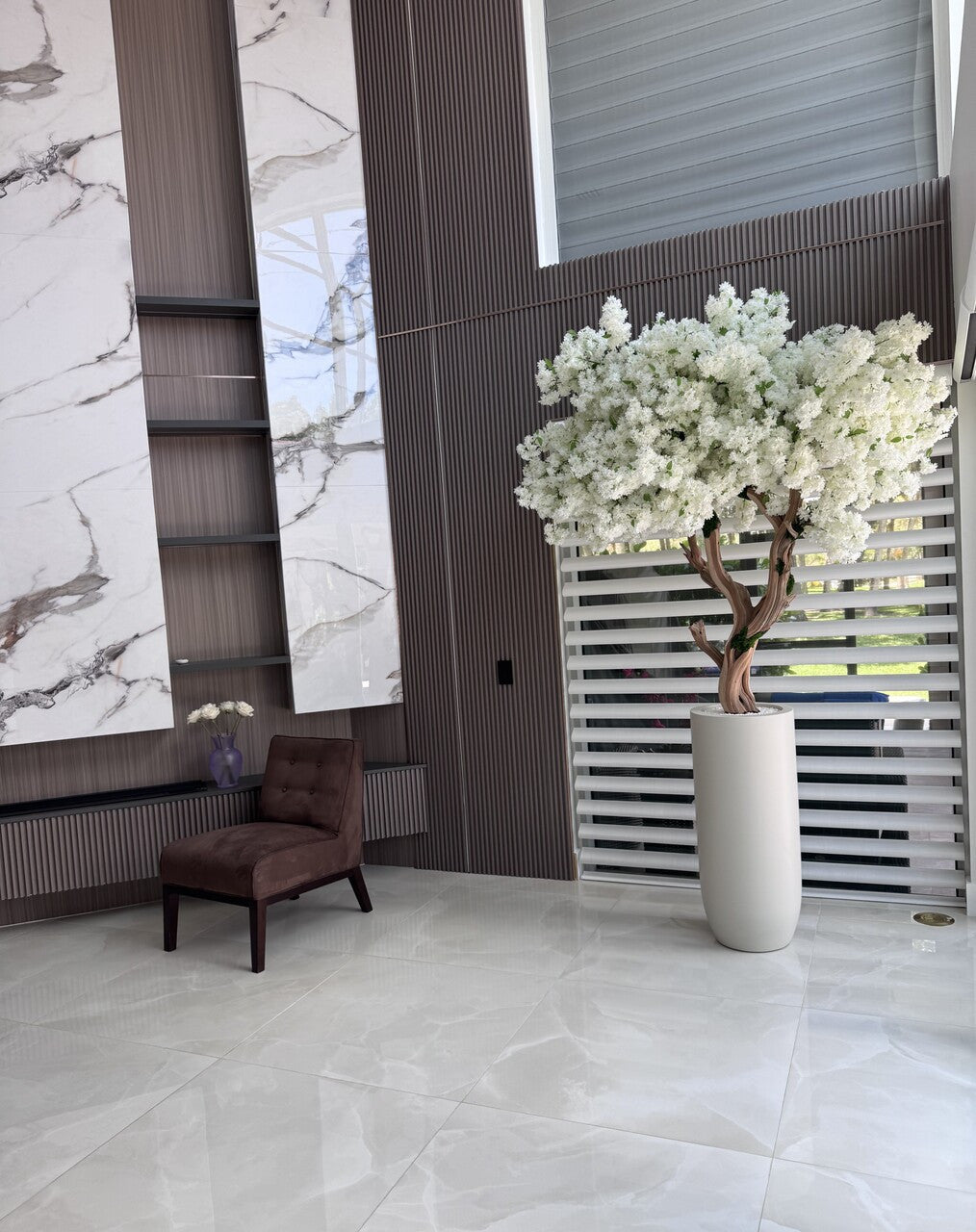 Matte Beige St. Tropez Planter with Custom Made White Cherry Blossom Tree