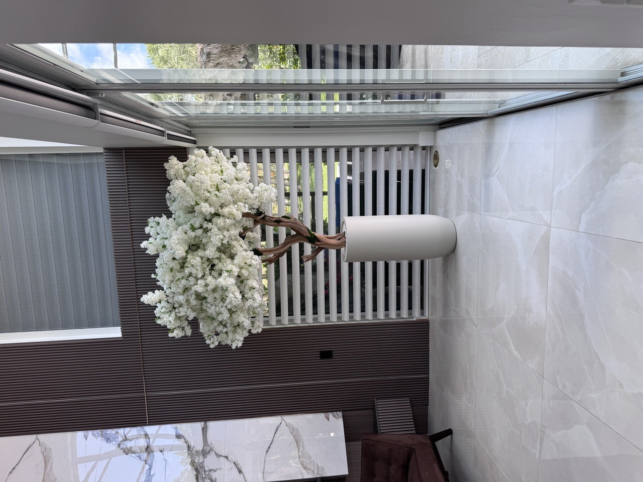 Matte Beige St. Tropez Planter with Custom Made White Cherry Blossom Tree