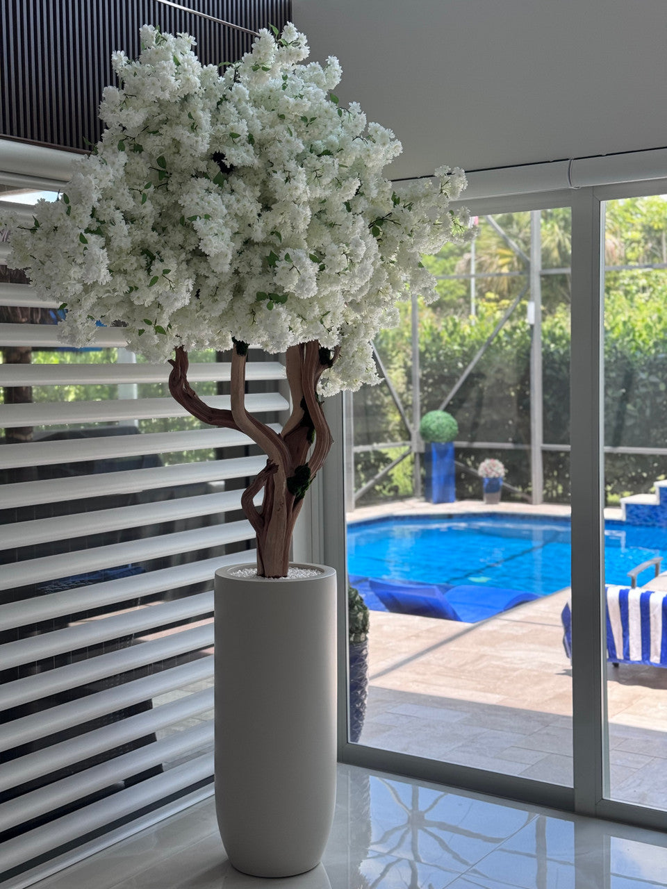 Matte Beige St. Tropez Planter with Custom Made White Cherry Blossom Tree