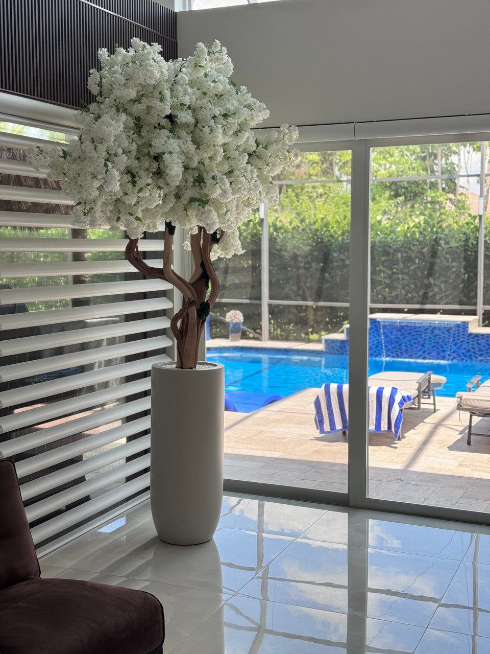 Matte Beige St. Tropez Planter with Custom Made White Cherry Blossom Tree