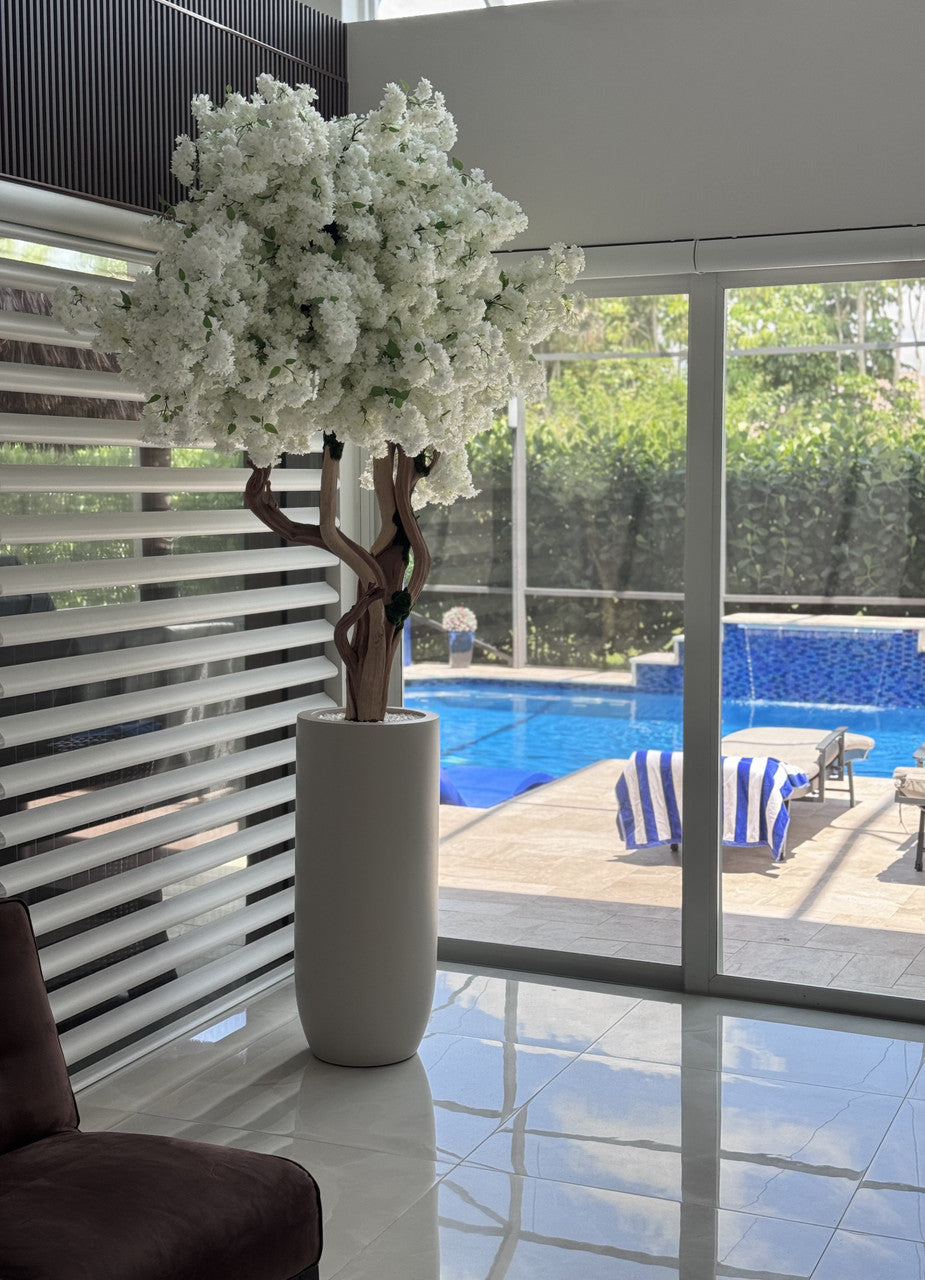 Matte Beige St. Tropez Planter with Custom Made White Cherry Blossom Tree