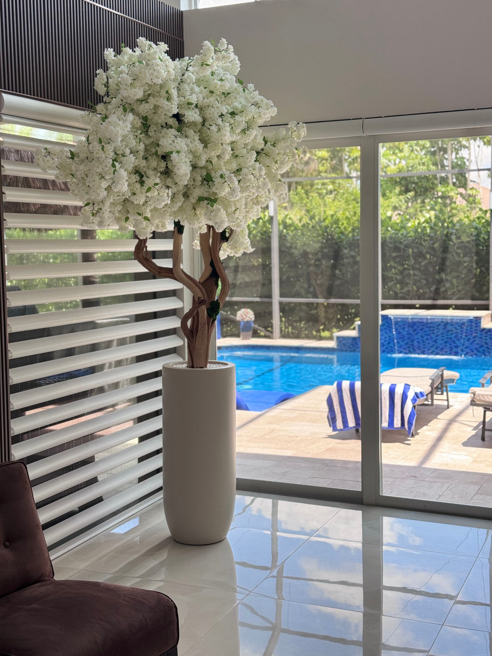 Matte Beige St. Tropez Planter with Custom Made White Cherry Blossom Tree
