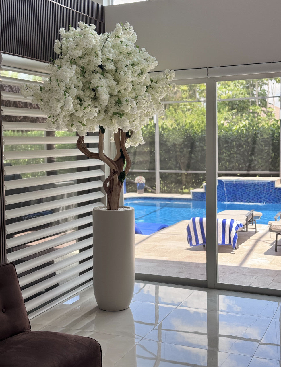 Matte Beige St. Tropez Planter with Custom Made White Cherry Blossom Tree