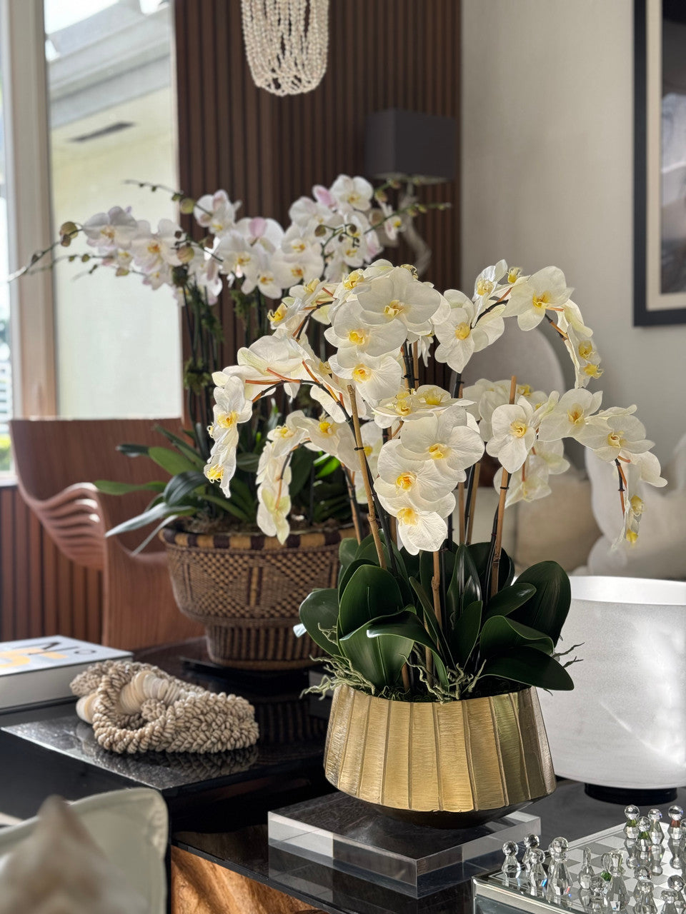 Helena Boat Planter with White Phaleanopsis Orchids