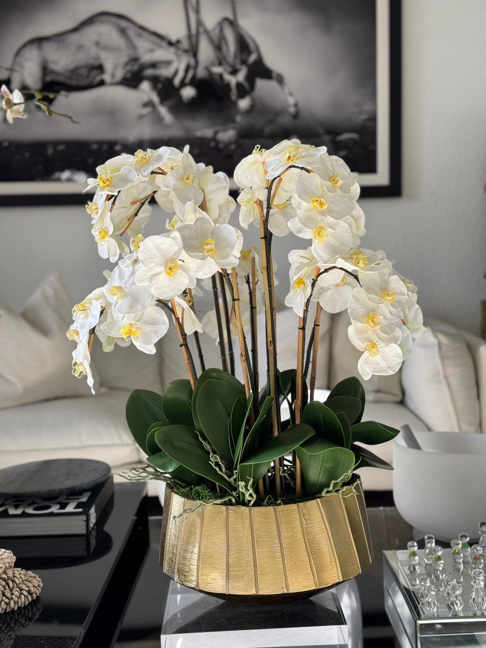 Helena Boat Planter with White Phaleanopsis Orchids