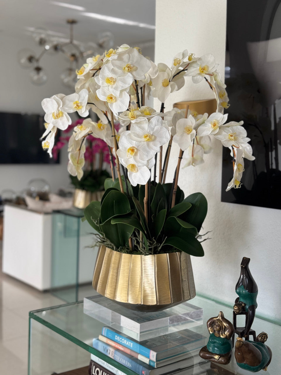 Helena Boat Planter with White Phaleanopsis Orchids