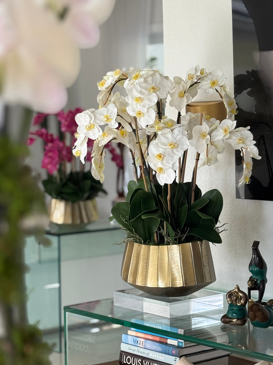 Helena Boat Planter with White Phaleanopsis Orchids