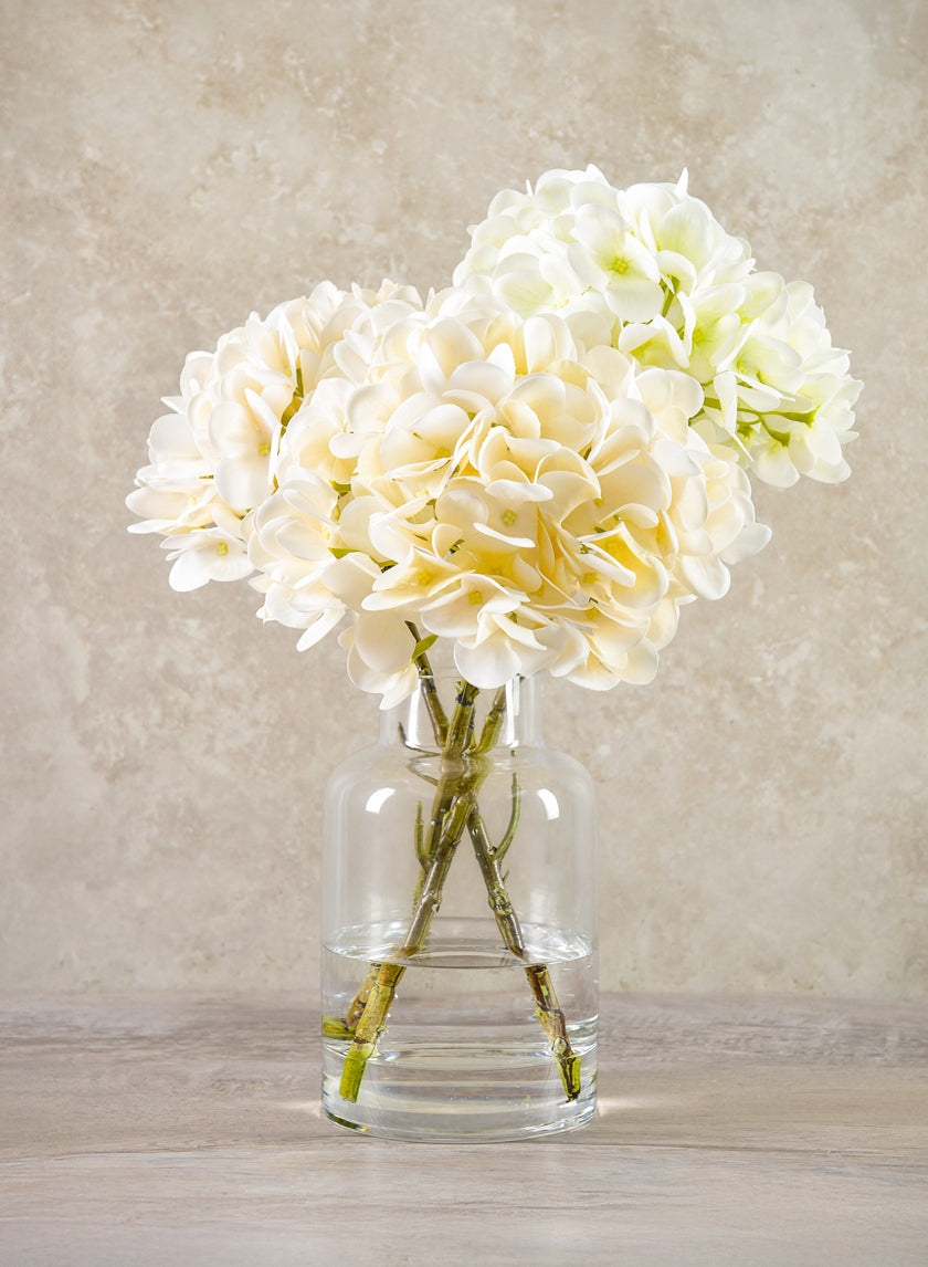 14in Long White Hydrangea in Clear Glass Vase