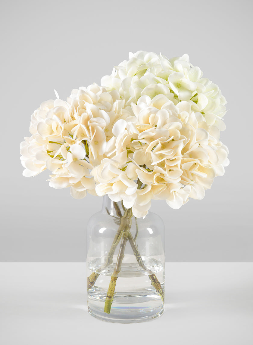 14in Long White Hydrangea in Clear Glass Vase