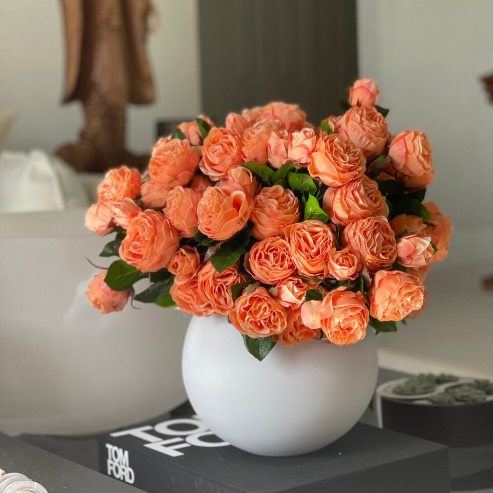 English Roses in White Matte Fishbowl Vase
