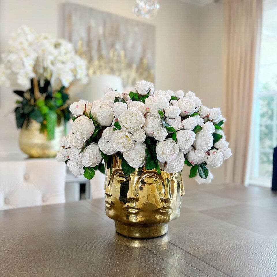 Large Polished Gold Visage Vase with White English Roses