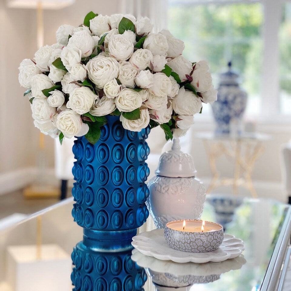 English White Roses in Blue Textured Vase