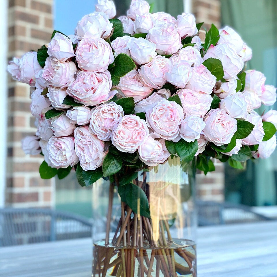 Blush English Roses in 16″ Glass Rota Vase