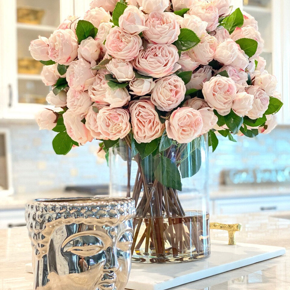 Blush English Roses in 16″ Glass Rota Vase