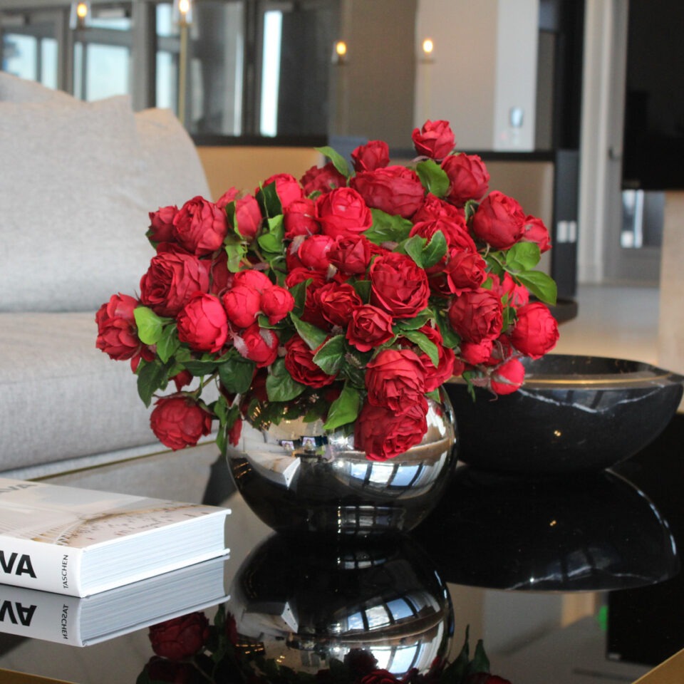 Red English Roses in Mercury Glass Bowl