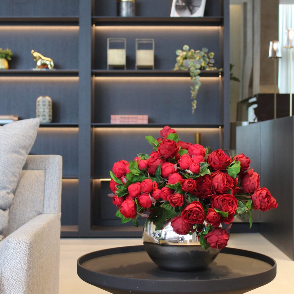 Red English Roses in Mercury Glass Bowl