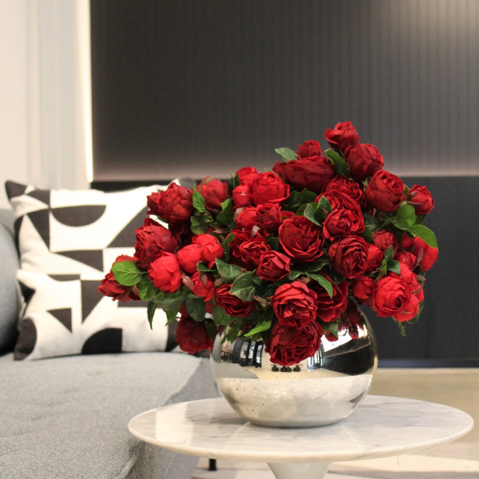 Red English Roses in Mercury Glass Bowl